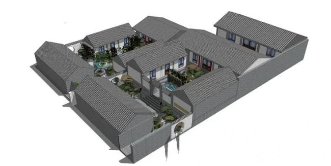 Multi-Story Chinese-Style Residential Courtyard Model in SketchUp
