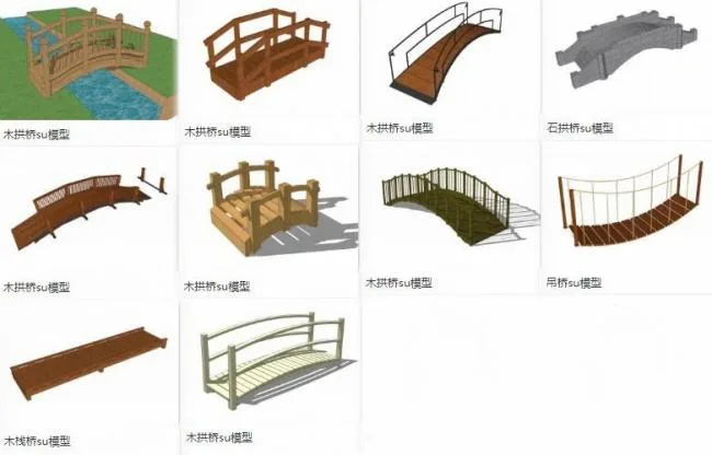 SketchUp Material Models: Bridge Types and Landscape Components Including Stone, Wooden, and Suspension Bridges