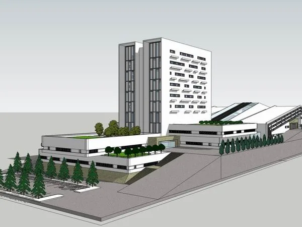 Sketchup office model | Multi story sloping office building, modern style
