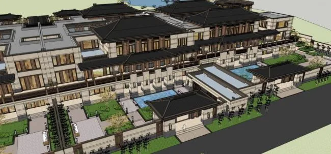 Sketchup Hotel Model | Large vacation club, hotel, townhouse, Chinese style