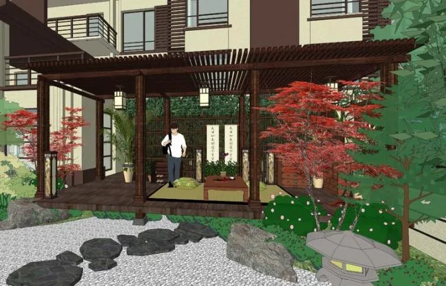 Sketchup Residential Model | Japanese style dry mountain and water courtyard landscape, multi story residential building