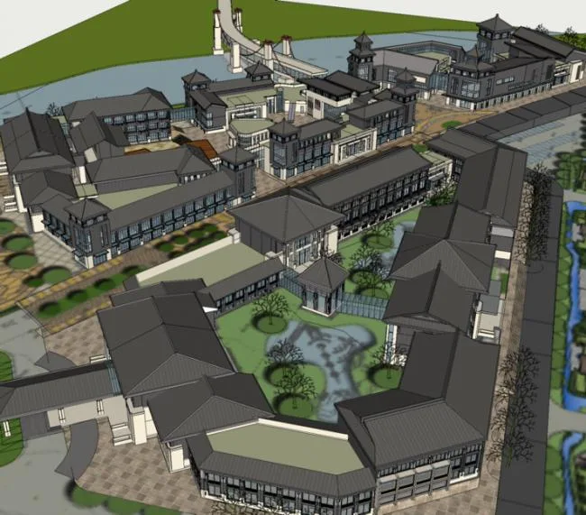 Sketchup Hotel Model | Folk Style Resort, New Chinese Style, Hotel