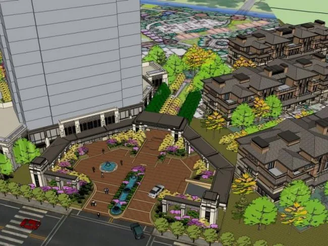 Classical-Style Community Entrance Landscape Model in SketchUp