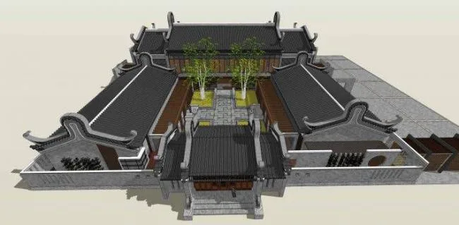 SketchUp Business Model: Multi-Story Clubhouse and Commercial Building with Chinese Architectural Style