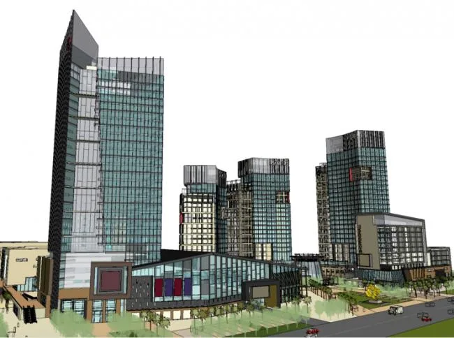 Sketchup Complex Model | Large urban commercial complex, multi story high-rise mixed use, office buildings, apartments, pedestrian streets, shopping centers, modern style