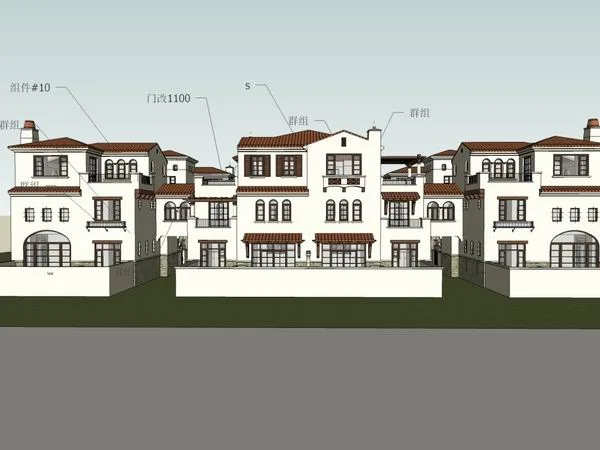 Spanish Classical Style Multi-Row Villa Courtyard Model in SketchUp