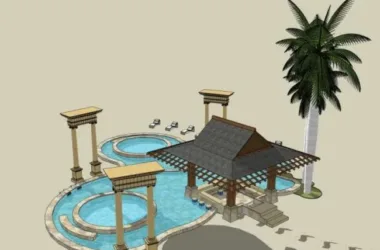 SketchUp Model: Square Landscape with Southeast Asian and Classical Style Pavilions-BIM WORLD