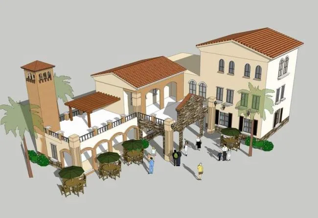 SketchUp Business Model: Multi-Story Commercial Buildings, Mediterranean-Style Clubhouse, and Spanish-Inspired Commercial Street