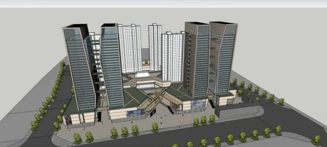 Sketchup Complex Model | High rise Commercial Complex, Twin Tower Concept Scheme, Modern Style, Hotel Office, Commercial Podium