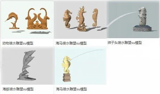 Sketchup Material Model | Animal Seahorse Dolphin Lion Fountain Sculpture, Landscape Material Component