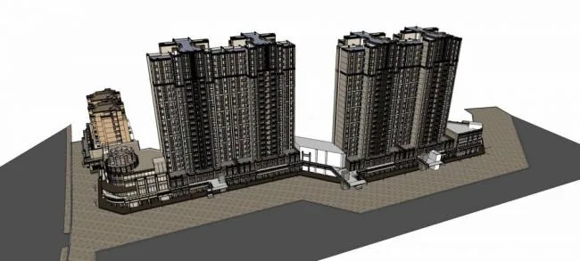 Sketchup Complex Model | Commercial Complex Along the Street, Commercial Skirts, Residential Buildings, High rise Residential Buildings, Apartments, Neoclassical Style