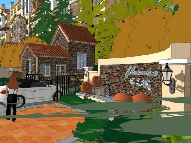 Sketchup Landscape Model | Entrance Landscape of the Community, Spanish Style, Classical Style