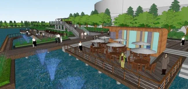 Sketchup Landscape Model | Waterfront Plaza, Landscape, Dam, Commercial Building, Single Story Club, Modern Style