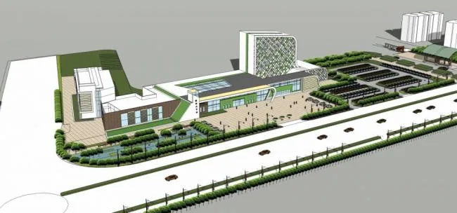 SketchUp Design: Station Road Bridge with Multi-Story Bus Station, High-Rise Office Tower, Hotel, and Modern Transit Hub