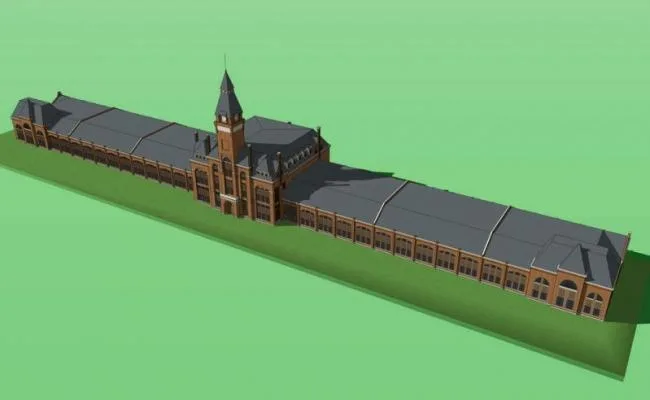 Sketchu Industrial Building: Multi-Story Factory Featuring Classical Victorian Architecture