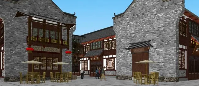 SketchUp Business Model: Multi-Story Commercial Street and Shopping Mall with Chinese Architectural Style