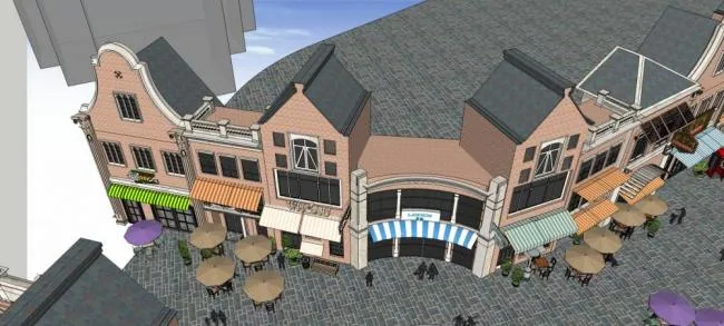 SketchUp Business Model: Multi-Story European-Style Commercial Street, Facade, and Shopping Mall Design