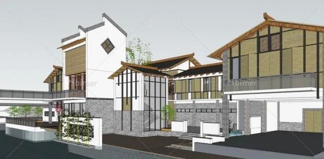 Sketchup Business Model | Multi story Commercial Club, New Chinese Style, Landscape, Water Landscape