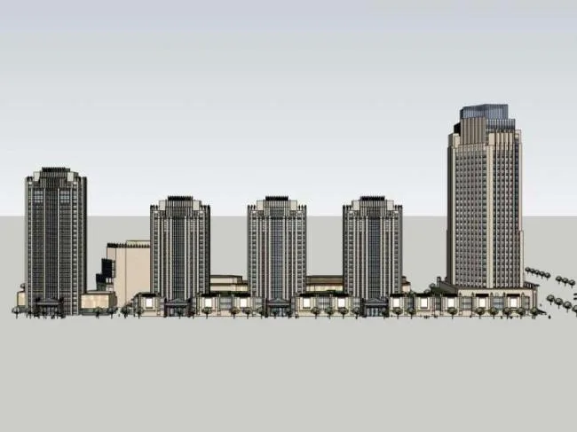 Sketchup Complex Model | High rise office building, ground floor commercial, multi story complex, classical style