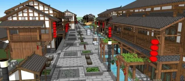 Sketchup Business Model | Multi story Commercial Pedestrian Street, Chinese Style