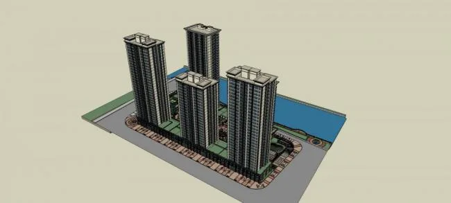 Sketchup Residential Model | High rise residential community, entrance, landscape pavilion, residential building, multi story mall, commercial podium, ground floor commercial, European style, classical style