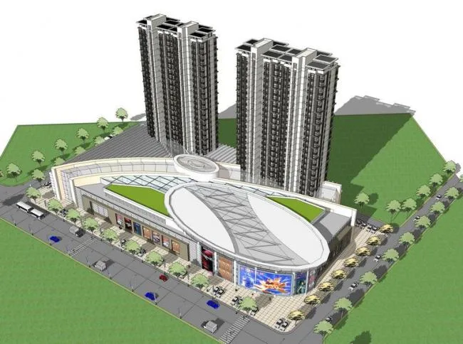Sketchup Complex Model | Multi story high-rise mixed commercial complex, high-rise residential, ground floor commercial, modern style