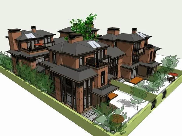 Sketchup Villa Model | Four-piece Courtyard Villa Cluster, Classical Style