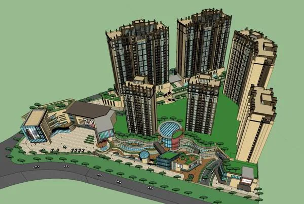 Sketchup Residential Model | High rise residential and ground floor commercial, classical style