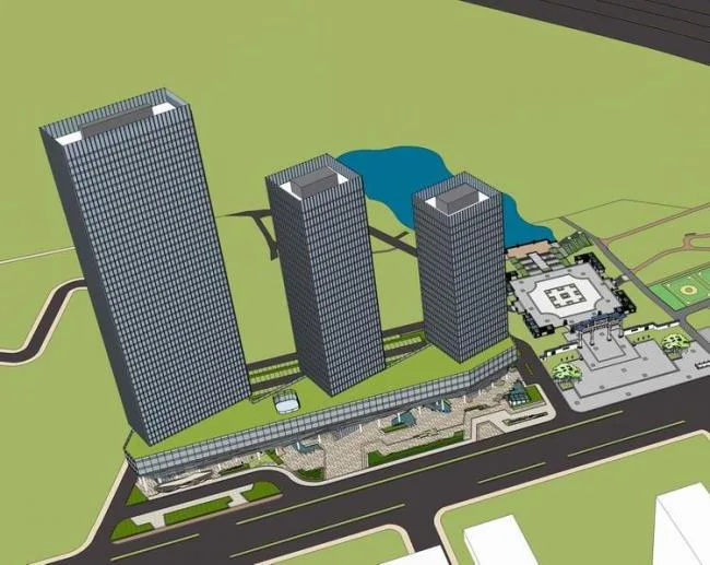 Sketchup office model | high-rise office building, modern style, Chinese memorial archway