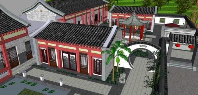 Sketchup Residential Model | Courtyard, Chinese Style, Huizhou Architecture, Courtyard Landscape