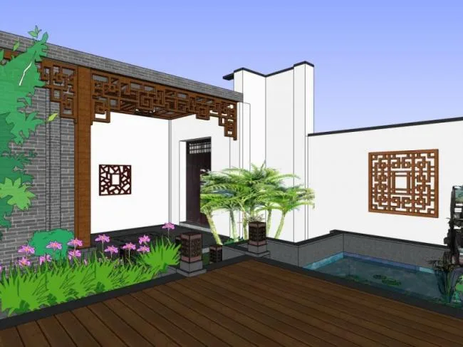 Sketchup Villa Model | Villa Courtyard, New Chinese Style