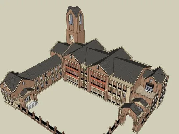 Sketchup School Model | Multi story Kindergarten School, Campus Educational Architecture, British Style, Classical Style