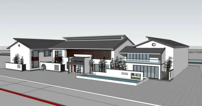 SketchUp Business Model: Modern Chinese-Style Low-Rise Clubhouse Design