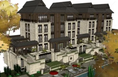 Stacked Southeast Asian Style Multi-Story Villa Model in SketchUp for Vacation Homes-BIM WORLD