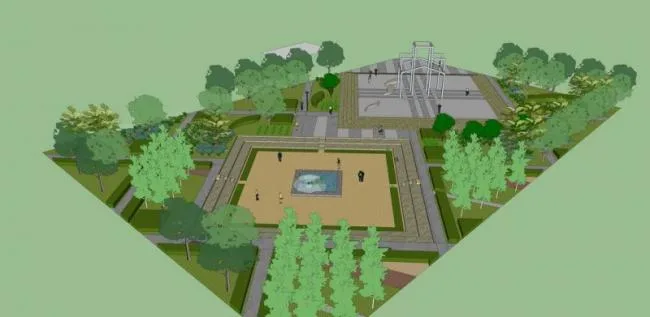 Modern SketchUp Landscape Model Featuring Square Layout, Water Features, Sculptures, and Leisure Facilities