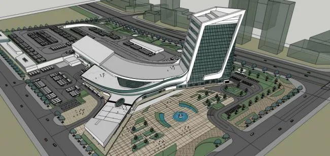 SketchUp Design for Station Road and Bridge: Modern Multi-Story Mixed-Use Complex with Hotel, Offices, and Transportation Hub