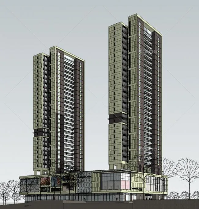 Sketchup Complex Model | Multi story mixed use commercial complex, high-rise residential, ground floor commercial, modern style