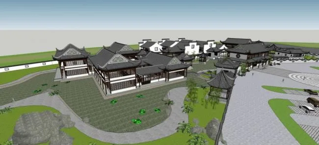 Sketchup Business Model | Multi story clubhouse, landscape, tower, entrance, pavilion, commercial building, Chinese style