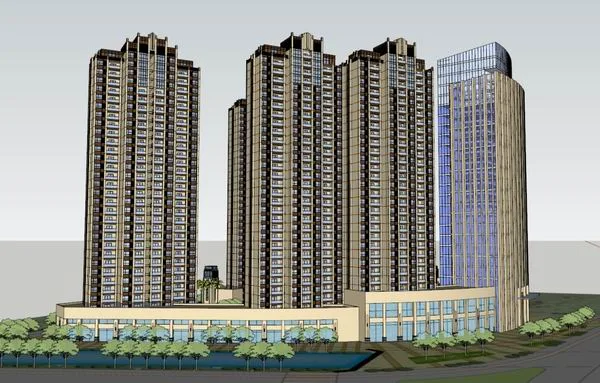 Sketchup Residential Model | High rise residential buildings, office buildings, and street side businesses, modern style