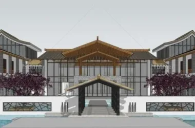 SketchUp Business Model: Multi-Story Commercial Club with Modern Chinese Style and Scenic Water Features-BIM WORLD