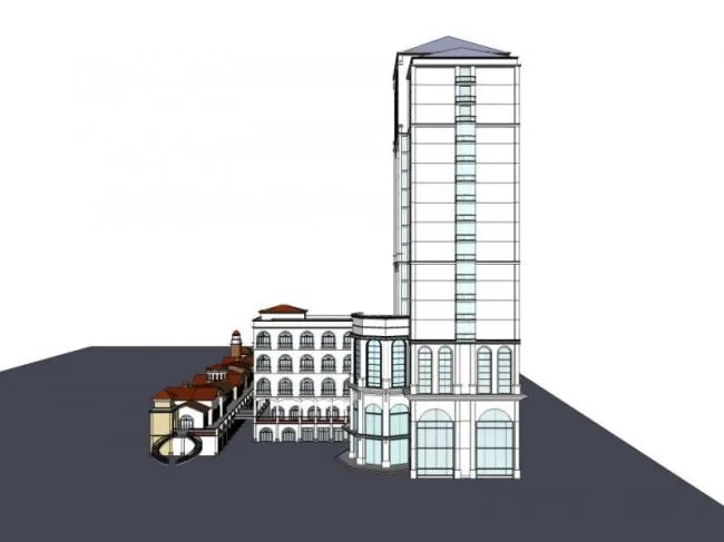 Sketchup Hotel Model | High rise Hotel and Commercial Street, Spanish Style