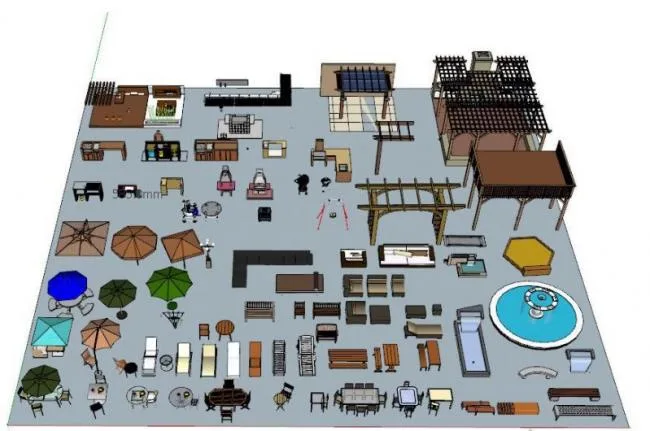 SketchUp Materials for Community Layouts: Solar Umbrellas, Flower Shelters, Pools, Benches, Chairs, and More
