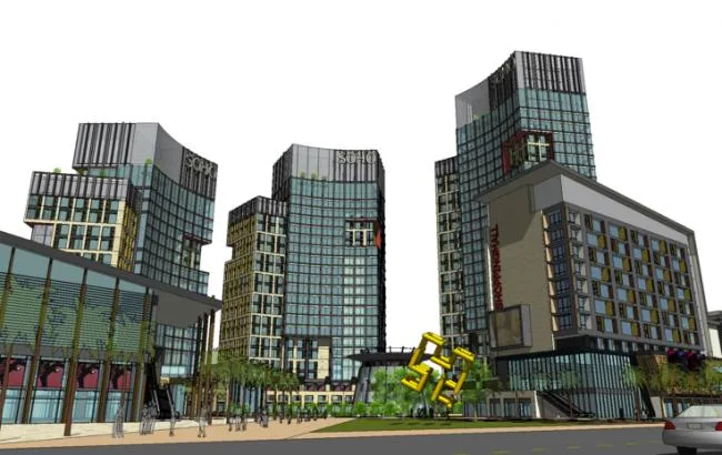 Sketchup Complex Model | Large urban commercial complex, multi story high-rise mixed use, office buildings, apartments, pedestrian streets, shopping centers, modern style