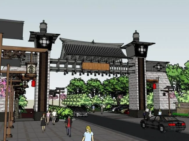 Chinese-Style Scenic Area Gate Sketch Model in SketchUp