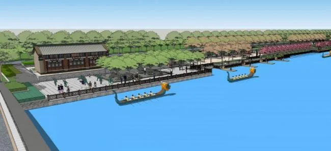 Sketchup Landscape Model | Large scale waterfront park landscape, bridge, urban sketch, single story, Chinese style, riverside