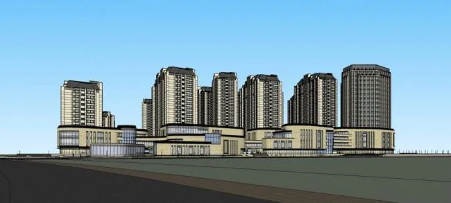 Sketchup Residential Model | High rise residential community, commercial pedestrian street, ground floor commercial, neoclassical style, residential building