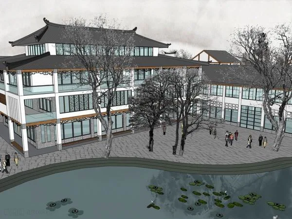 SketchUp Business Model: Multi-Story Commercial and Pedestrian Street in Modern Chinese Style