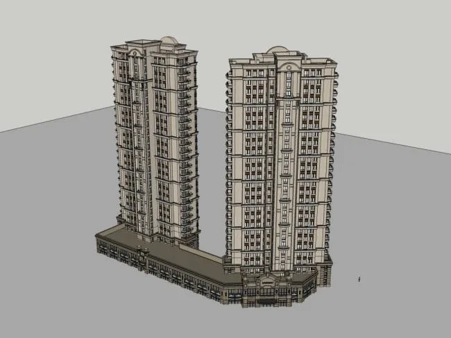 Sketchup Residential Model | High rise residential building, podium floor commercial, classical style, 27 floors