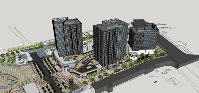 Sketchup Complex Model | High rise commercial complex, modern style, office hotel, commercial podium