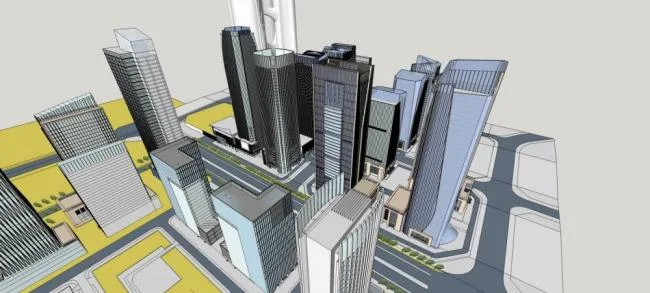Sketchup Complex Model | Super High rise Financial Center, Administrative Office, Commercial Hotel, Shopping Mall, External Transportation, Road Square, Municipal Facilities